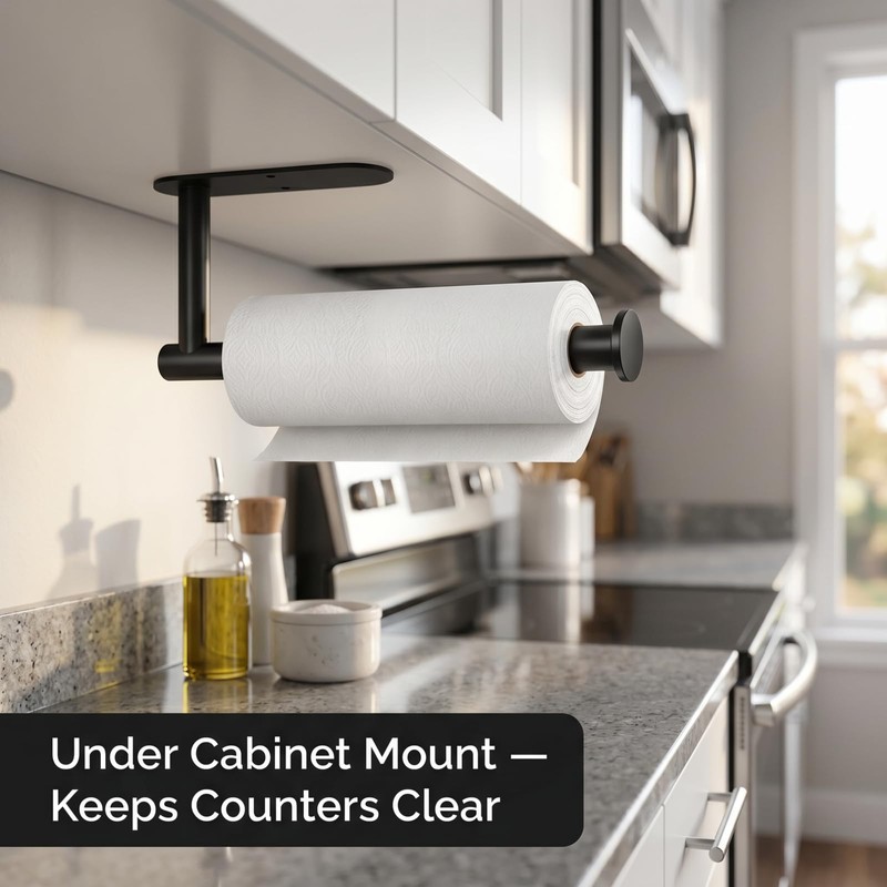 Paper Towel Holder Under Cabinet, Matte Black Stainless, No Drill