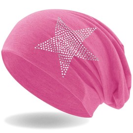 Hatstar Rhinestone Star Women's Beanie Hat, Elastic Slouch Long Beanie Girls Hat with Elegant Rhinestone Appliqué, Light and Soft - neon pink