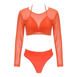 Meyeeka Womens Long Sleeve Rashguard Swimwear High Waist 2 Pieces Bathing Suit S Orange