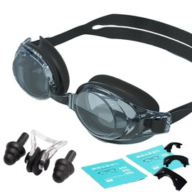 HSTWODE 1 Piece Optical Swimming Goggles with Prescription -1.5 to -9.0, Anti-Fog UV Protection, One Piece Swimming Goggles with Earplugs for Men and Women (Black, -5.5)