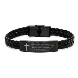 Christian Bible Verse Braided Leather Bracelet, 2 Corinthians 4:18 inspirational Encouragement Gifts Faith Engraved Stainless Steel Adjustable Religious Jewelry Cross Bracelet For Men Women