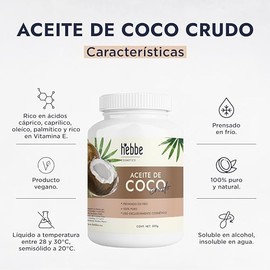 HEBBE - Aceite De Coco Para Uso Exclusivamente Cosmético 500 g | Hidratante Para Todo Tipo De Piel | Nutre Cabello Y Cuero Cabelludo | Ideal Para Elaborar Productos Naturales