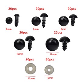 Dokpav 100 Piezas Ojos De Seguridad de Plástico, Ojos de Muñeca con Arandelas, Negro Ojos de Juguete de 6mm/8mm/9mm/10mm/12mm, para Hacer Muñeca,Oso de Peluche