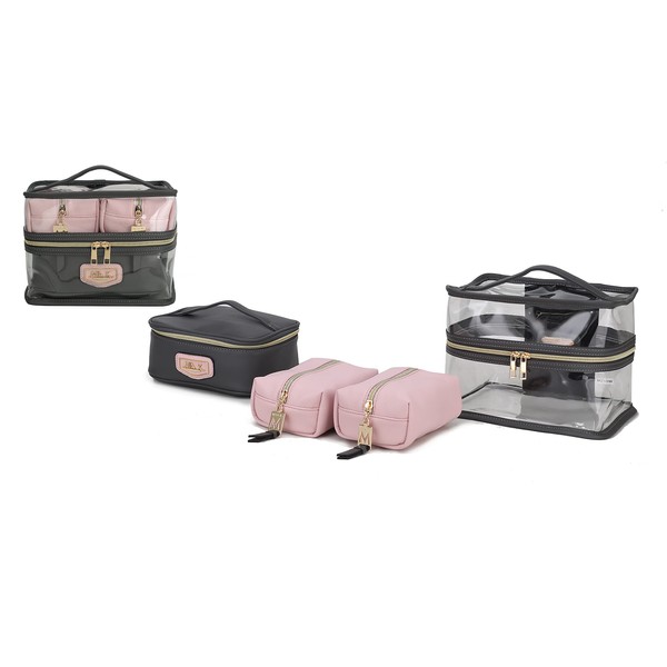 MKF 4PCS Stylish Cosmetic Bag Portable Makeup Travel Organizer Case, Emma Pink-Charcoal