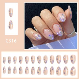 Flower Press On Nails Almond Fake Nails Medium Nude False Nails With Floral Design Full Cover Glue On Nails Summer Press Ons Artificial Nails Cute Stick On Nails For Women Manicure 24pcs