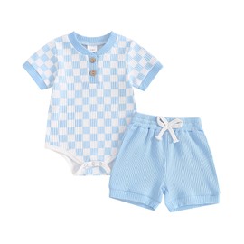 Vioyavo Newborn Baby Boys Girls Summer Outfit Stripe Pattern Short Sleeve Romper+Solid Color Elastic Waist Shorts 2Pcs Clothes Set (Za-Sky Blue, 12-18 Months)