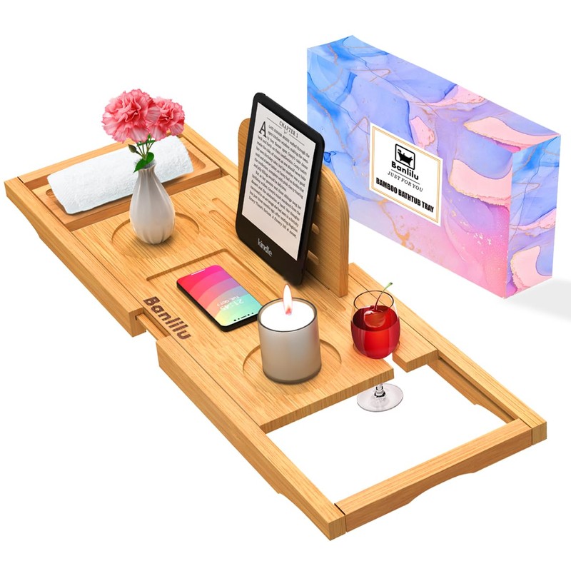 Premium Bamboo Bathtub Tray Caddy - Bath Tub Tray Table