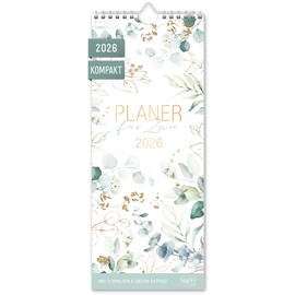 Häfft® Planer für Zwei Kompakt 2026 Paarkalender mit 3 Spalten "Blattgold" 13 x 32 cm - Wandkalender für 12 Monate: Jan bis Dez 2026, Paarplaner Wandplaner - nachhaltig & klimafreundlich