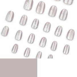 Press on Nails Short Round Almond French Tip Fake Nails withGray Bow Design Full Cover Glossy Acrylic Glue on Nails False Nails Thick Stick on Nails for Women 24Pcs JP3622