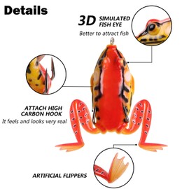 Topwater Frog Fishing Lure Kit Artificial Hollow Body Soft Lure Bait Bass Frog Lure Kit with Double Hook for Bass Pike Snakehead, Pack of 5
