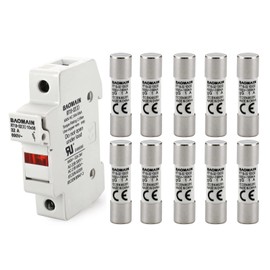 Baomain RT18-32 Fuse Holder Base with 10x1A Ceramic Fuses (10x38mm) – 1 Pole DIN Rail Mount, LED Indicator, CE Certified (1 Amp)