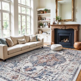 Washable Large 9x12 Area Rug: Living Room Oriental Non Slip Soft Rugs Indoor Low Pile Stain Resistant Carpet for Bedroom Dining Room Farmhouse Distressed Thin Home Decor Floor Mat (9x12 Brick)