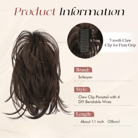 SOFEIYAN Claw Clip Short Ponytail Extension DIY Bendable Wires Hair Bun Fluffy Fake Hair Piece Straight Synthetic Hair Ponytail Extensions for Wonen - Darkest Brown/Dark Auburn Mix