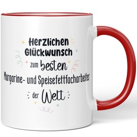JUNIWORDS Tasse, Herzlichen Glückwunsch zum besten Margarine- und Speisefettfacharbeiter der Welt, Rot (7644394)