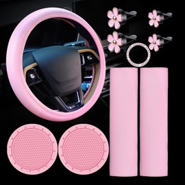 10 Pc Pink Leather Steering Wheel Cover Set - With Seat Belt Pads, Cup Holders, Bling Buttons