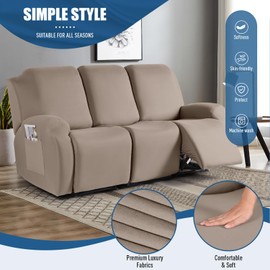 TAOCOCO Recliner Sofa Slipcover, 3 Pieces Polyester Fabric Stretch Sofa Covers for 3 Seat Reclining Couch, Soft Washable Furniture Protector with Pockets (3 Seat, Khaki)