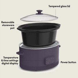 bella 6.0 Qt Programmable Slow Cooker, EverGood™ Ceramic Nonstick Coating, Adjustable Temperature & Cooking Times, Dishwasher Safe Stoneware Pot & Tempered Glass Lid, Tangle Free Cord Wrap, Plum