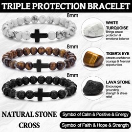 Kingdder 3 Pcs Cross Bracelets for Men Natural Stone Beaded Bracelet