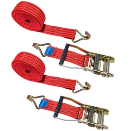 AHAQU 2PCS Heavy Duty Ratchet Straps, 50mm x 6m Ratchet Tie Down Straps, 2000kg Break Strength, Adjustable Lashing Straps with Handle and Metal J Hook for Motorcycle, Cars, Trucks- Red