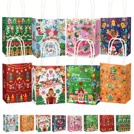 qiqee 72Pcs Christmas Paper Gift Bags with Handles Mini Size - 8 Designs Xmas Party Paper Bags - 4.5"x2.5"x6"