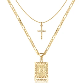 KELORIS PATH Gold Layered Initial Cross Necklace, 14K Gold Plated Layering Square Letter Pendant Figaro Chain Cross Choker from A-Z Capital Jewelry for Women Girls, Stainless Steel, Cubic Zirconia