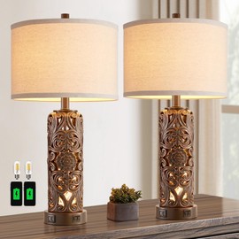 RORIANO Farmhouse Table Lamps Set of 2, Vintage Lamp for Living Room and 2 USB Ports Bedside Lamp with Nightlight for Bedroom, Dark Brown Hollow Out Resin Nightstand Lamp, 2 Bulbs Included