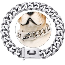 Gold Silver Dog Collar,Stainless Steel Cuban Metal Link Dog Necklace for Large American Bully French Bulldog Medium Large Size Dog Collar