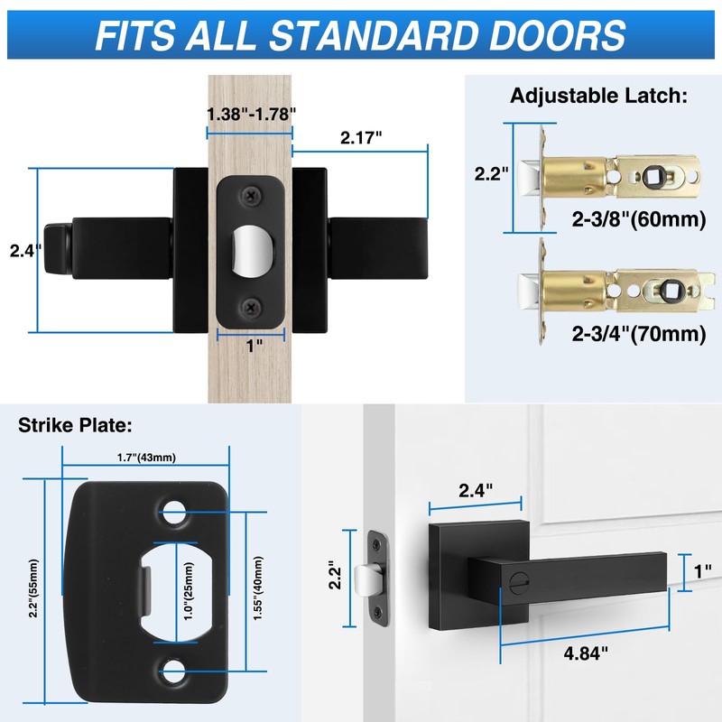 Plustool 8 Pack Matte Black Door Handles, Keyless Interior Door