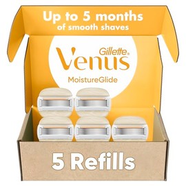 Gillette Venus Moistureglide Women's Razor Refills, 5 Refill Cartridges, Fits Venus Reusable Razor Handles, 5-Bladed Razor Blades with Built-in Shave Gel Bars, Women's Razor