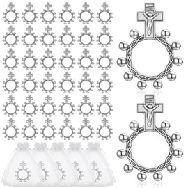 40 Set Finger Rosary Rings Bulk Silver Metal Rosary Rings Pocket Finger Rosaries Small Pocket Cross Prayer Catholic Rin-gs with Organza Bags for Baptism Favors Baby Shower Quinceanera Funeral