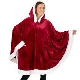 PAVILIA Wearable Blanket for Adult Women, Cozy Plush Fleece Blanket Poncho Cape with Hood, Super Soft Shawl, Angel Wrap Throw for Office, Wine Red