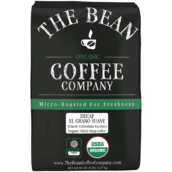 The Bean Coffee Company Organic Decaf El Grano Suave (Classic Colombian Excelso), Medium Roast, Whole Bean, 5-Pound Bag