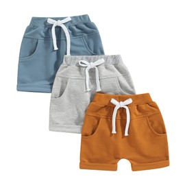 Thilsidee 3 Pack Toddler Baby Boy Girl Solid Color Shorts Elastic Waist Casual Short Trousers Spring Summer Fall Short Pants (A-Blue Brown Grey, 12-18 Months)