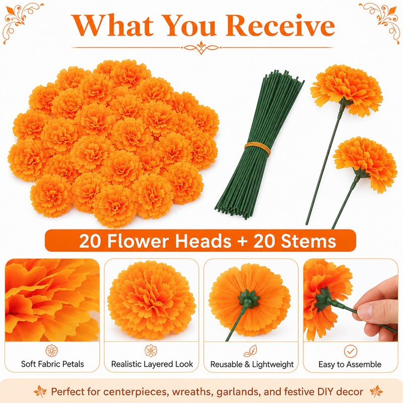 20PCS Orange Marigold Flowers with Stems -Wreath Day of The
