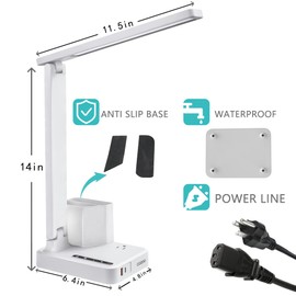 COZOO LED Desk Lamp with 2 USB Charging Ports,Type C Port,1 AC Outlet,2 Pen Holders,3 Color Temperature 3 Brightness Level,Touch/Memory/Timer,10W Eye Protection Foldable Reading Light,Study Lamp-White