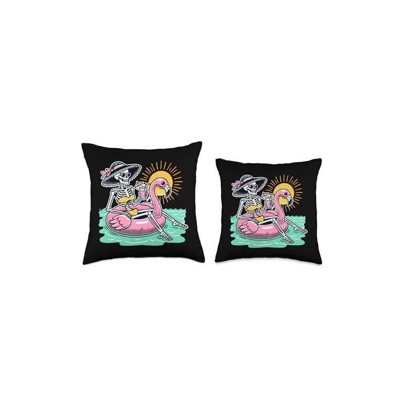 Retro Summer Skeleton Flamingo Float Vacation Beach Drink Throw Pillow