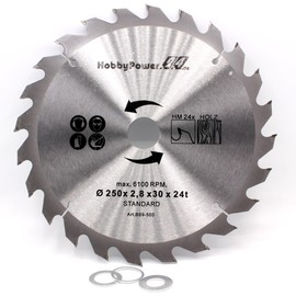 Circular Saw Blade Carbide for Wood Table Saw Mitre Saw 250 x 30 mm 24 Teeth + 3 Reducing Rings to 24.4 mm, 20 mm and 16 mm