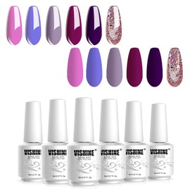 Vishine Purple Gel Nail Polish Kit- 6 Colors Gel Polish Set Lilac Purple Glitter Nail Polish Soak Off LED Gel Nail Kit Nail Art Manicure Salon DIY Starter Set 8ml