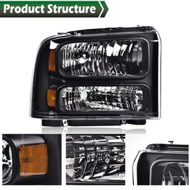 G-PLUS Headlights Assembly Compatible with 99-04 Ford F250 F350 F450 F550 Super Duty/00-04 Excursion Headlamp, Clear lens Black Housing Amber Reflector(Professional installation and drilling required)