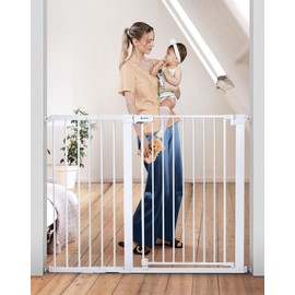 COMOMY 36" Extra Tall Baby Gate for Stairs Doorways, Fits Openings 29.5" to 48.8" Wide, Auto Close Extra Wide Dog Gate for House, Pressure Mounted Easy Walk Through Pet Gate with Door, White