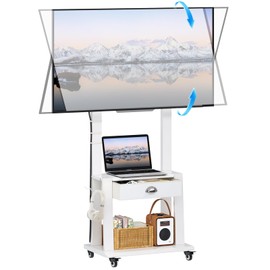 Mobile TV Stand with Drawer for 23-75 inch Flat/Curved Screen,Tilt Rolling TV Cart on Wheels with 2 Shelves,Adijustable Height TV Stand Holds up to 120lbs for Indoor Outdoor,Max VESA 600x400mm,White