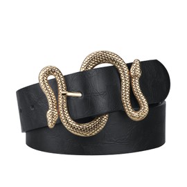 Alphyly Neries Snake Belt, Women’s Black Faux Leather Fashion Belt, Gold Buckle, 39” Long, Fits Waist Sizes 29-32”