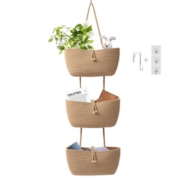 TeoKJ 3-Tier Cotton Rope Baskets with Button Strap Over the Door Wall Hanging Baskets for Nursery, Living Room, Bathroom, Door Storage Organizer for Decoration-Jute