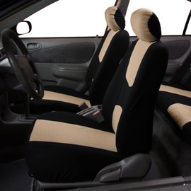 FH Group Pair Set Flat Cloth Car Seat Covers- Universal Fit for Trucks, SUVs, and Vans (Beige/Black) FB050102