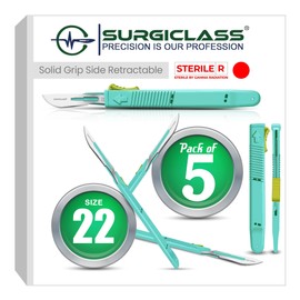 Surgical Scalpel Surgical Blades # 22 Surgical Steel Sterile ● Pack of 5 ● Retractable ● Perfect for wood art, Surgical, Sculpting, Repairs, Lab Anatomy, Sign, Card Making Lab Training SURGISID22-5