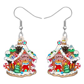 TIZURO Christmas Acrylic Colorful Candy Holly Gingerbread House Earrings Sweet Berries Desserts Dangle Fun Xmas Jewellry For Women Valentines Party Winter Gifts (Red)