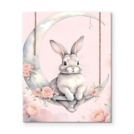 B.B.F MAKE Pink Easter Bunny Canvas Wall Art, Floral Easter Bunny and Moon Picture Rustic Print Holiday Painting Spring Home Artwork Bedroom Living Room Nursery Decorations, Framed 11x14inch