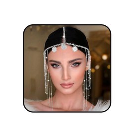 Aularso Boho Gold Head Chain Layered Coins Pendant Headband Indian Sequins Forehead Chain for Women (Silver)