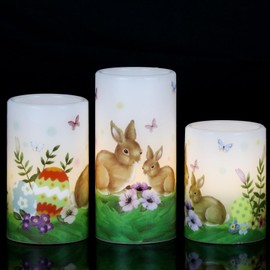 DRomance Easter Bunny Flameless Flickering Candles with 6 Hour Timer, Battery Operated Real Wax White LED Pillar Candles Warm Light Dinner Table Home Decor(3 x 4,5,6 Inches)