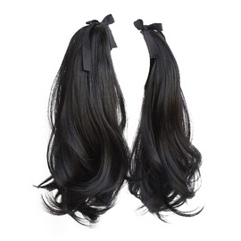 Remeehi Ponytail Wig, Set of 2, Twin Tails, Ribbon Type, Long Curl, Fluffy, Supernatural, Curly Hair Point Wig, Heat Resistant, Hair Extension, Extension, Cosplay, Festivals, Cultural Festivals, Parties, Natural Black/11.8 inches (30 cm) & 2.2 oz (65 g)